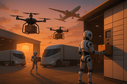 A warehouse with drones flying packages to parcel lockers and a robot collecting a delivery